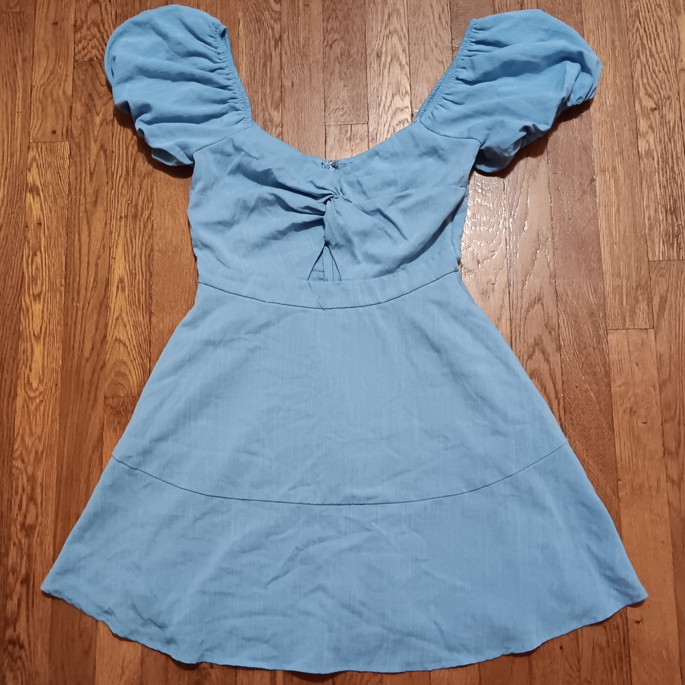Trixxi Blue Twist Front Cut Out Midi Dress with Puff Sleeves